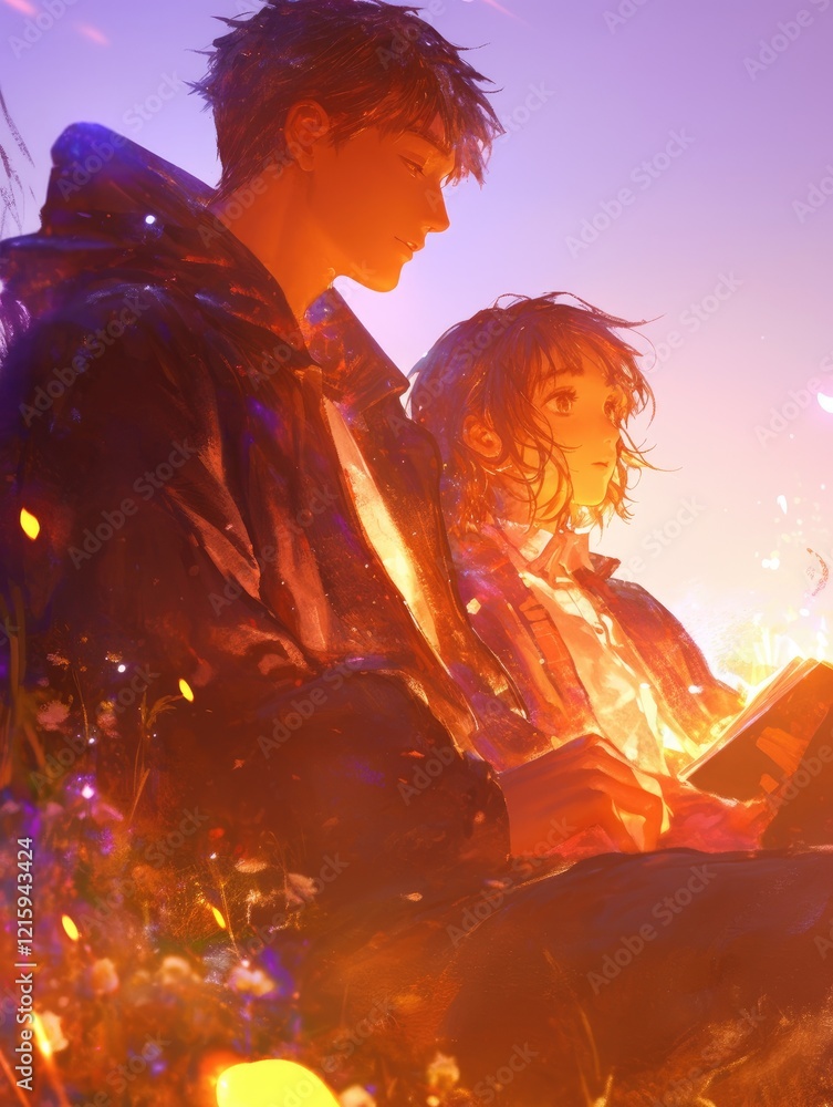 Young Couple Sharing a Book in Golden Light Young Couple Sharing a Book in Golden Light