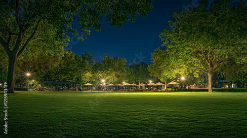 Wallpaper Mural Evening gathering in a spacious park with illuminated pavilions and lush greenery Torontodigital.ca