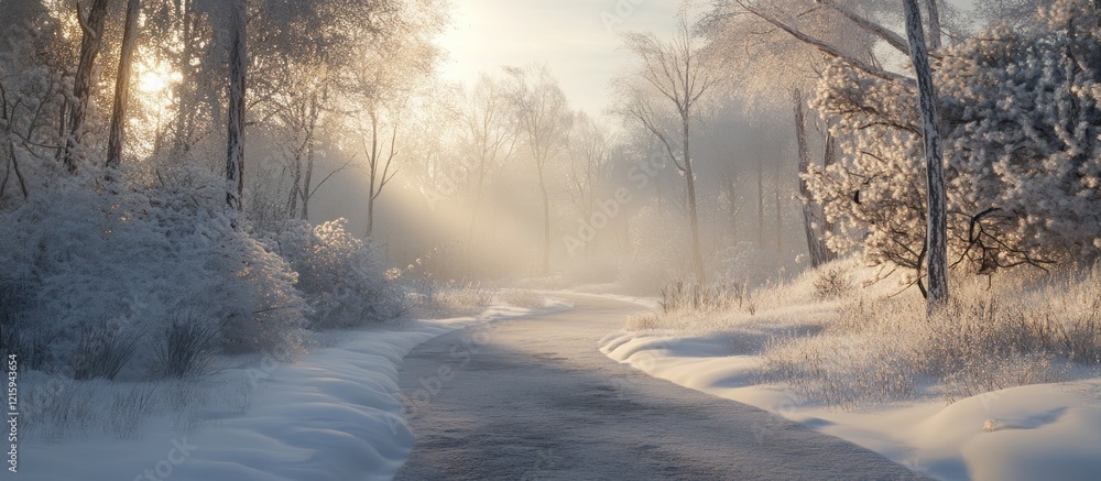 A serene winter scene with a snow-covered path leading through a misty forest at sunrise A serene winter scene with a snow-covered path leading through a misty forest at sunrise