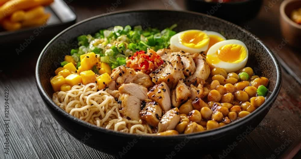 Korean or Japanese food concept. Delicious ramen bowl with chicken, eggs, beef and vegetables. Ramen with eggs and meat in a bowl on a wooden table. Ramen noodle. Soup ramen. Close-up view Korean or Japanese food concept. Delicious ramen bowl with chicken, eggs, beef and vegetables. Ramen with eggs and meat in a bowl on a wooden table. Ramen noodle. Soup ramen. Close-up view