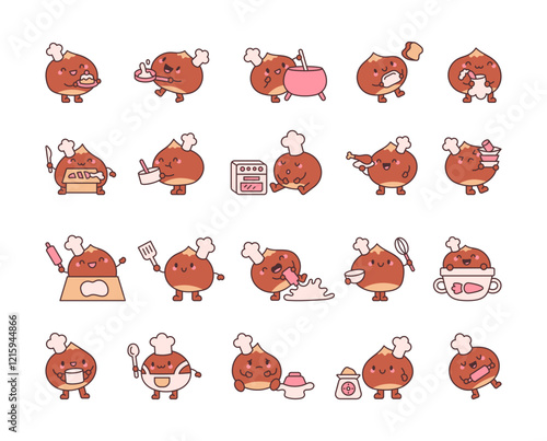 Set of chestnut in chef hat with baking tools, cooking utensils, food preparation items, adorable cute kawaii cartoon characters, and kitchen equipment designs