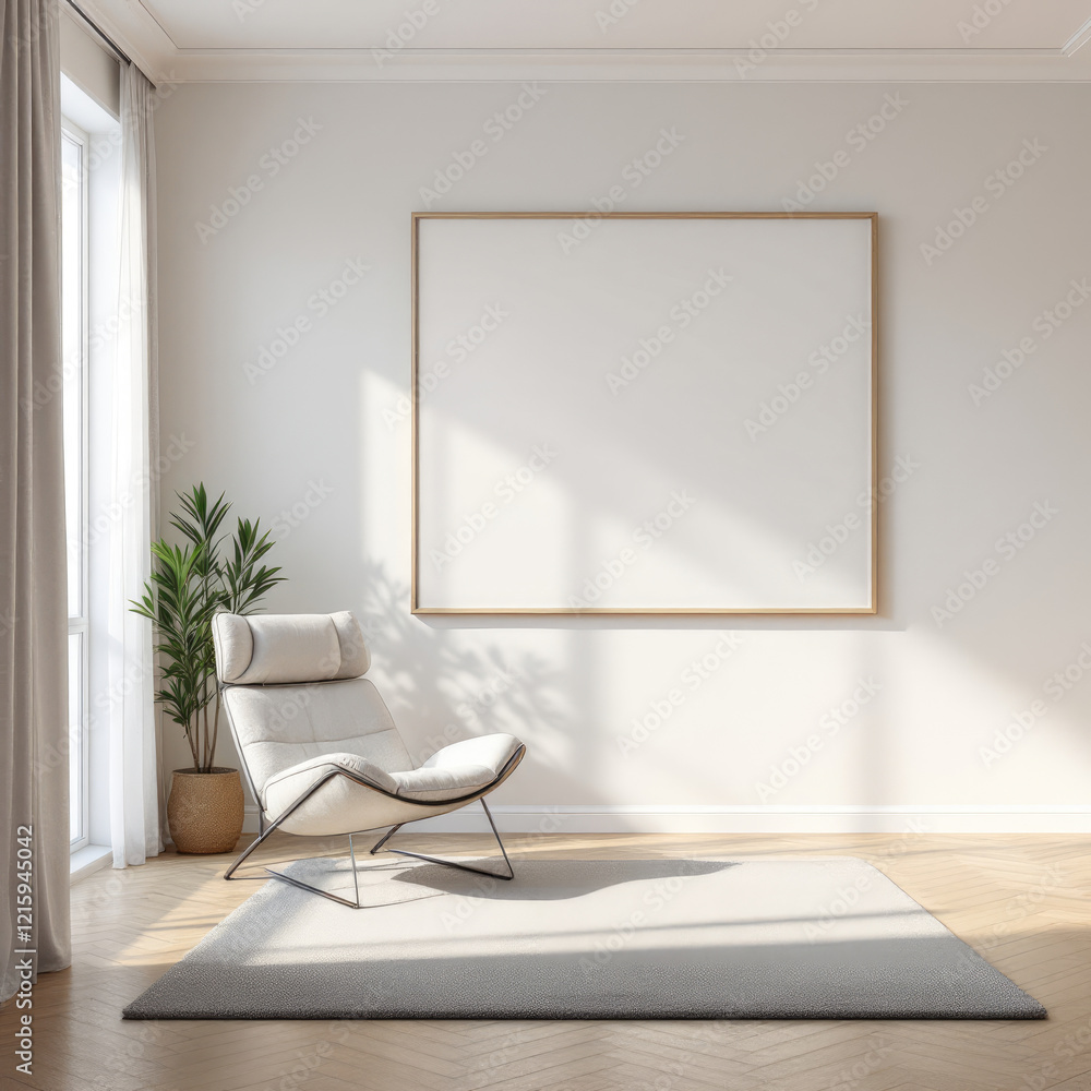 a white chair with a pillow, a large blank picture frame on the wall, a potted plant, and a gray rug on the floor. Cozy modern living room with photo frame design a white chair with a pillow, a large blank picture frame on the wall, a potted plant, and a gray rug on the floor. Cozy modern living room with photo frame design