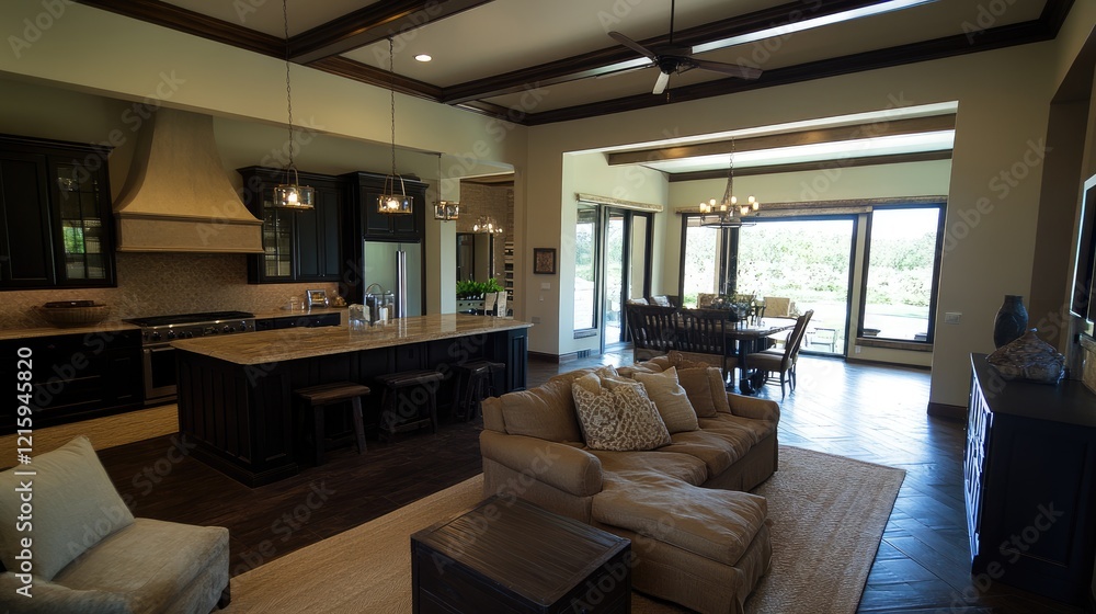 A rustic-modern living room with Mocha Mousse walls, dark wooden furniture, and beige cushions. A rustic-modern living room with Mocha Mousse walls, dark wooden furniture, and beige cushions.