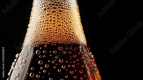 Close-up of the bottle neck of an unbranded glass bottle filled with cola with air bubbles photo