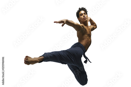 Scantily clad dancer, ballet dancer, man shows ballet jumps, dark-skinned athletic man