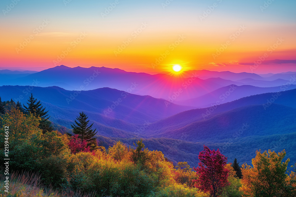 Vibrant Sunrise Over a Mountain Range with Warm Colors Lighting the Sky Vibrant Sunrise Over a Mountain Range with Warm Colors Lighting the Sky