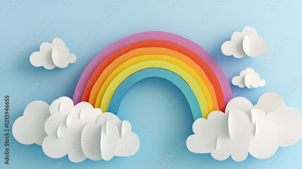 Vibrant rainbow cheerfully arcs over fluffy paper clouds light blue sky. AI Generated Vibrant rainbow cheerfully arcs over fluffy paper clouds light blue sky. AI Generated