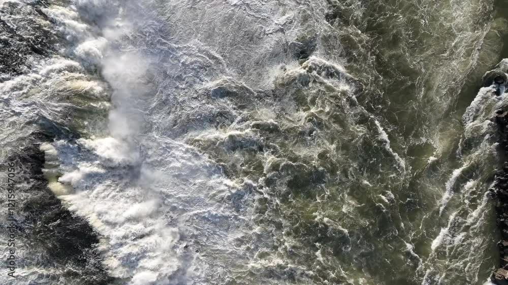 The Willamette River runs over rocks in Willamette Falls between West Linn and Oregon City, Oregon. This waterfall is the largest by volume in the Pacific Northwest.