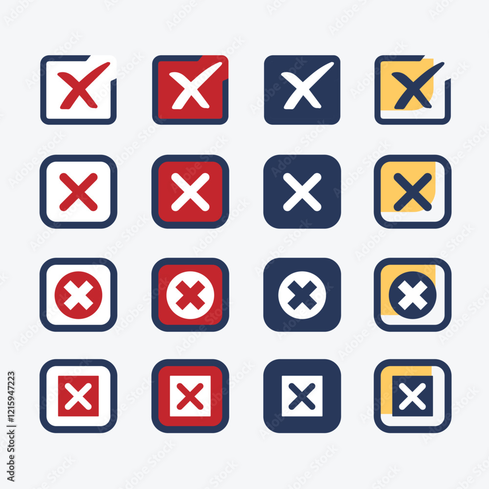 Cross mark icon button set. Cross icon with wrong button, no cross icons in tick box Isolated symbol. Cross mark icon button set. Cross icon with wrong button, no cross icons in tick box Isolated symbol.