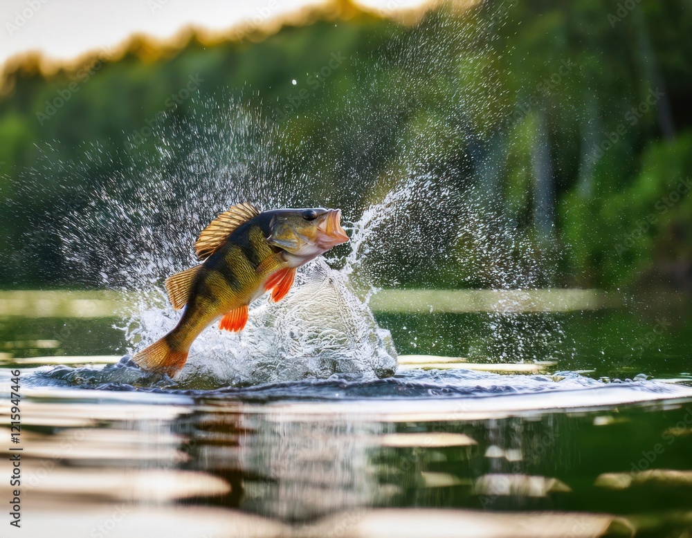 Fototapeta premium big freshwater perch jump out splashing water on green nature background