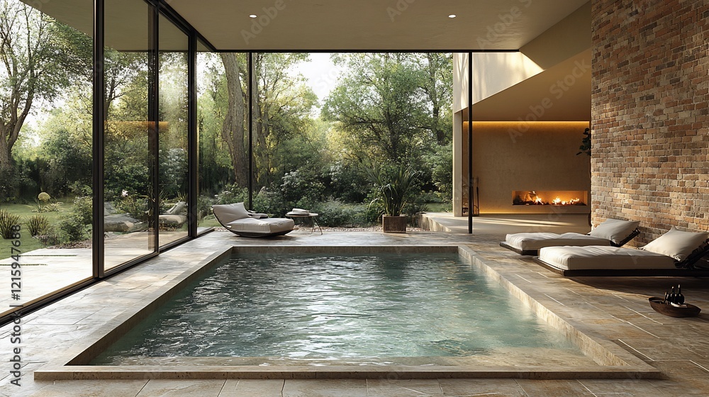 Fototapeta premium Luxurious indoor pool with natural light and garden view.