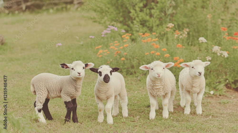 Playful lambs standing in lush green field with colorful flowers Playful lambs standing in lush green field with colorful flowers