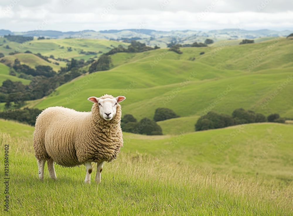 Fototapeta premium A white sheep standing in a green rolling hills landscape during a cloudy day
