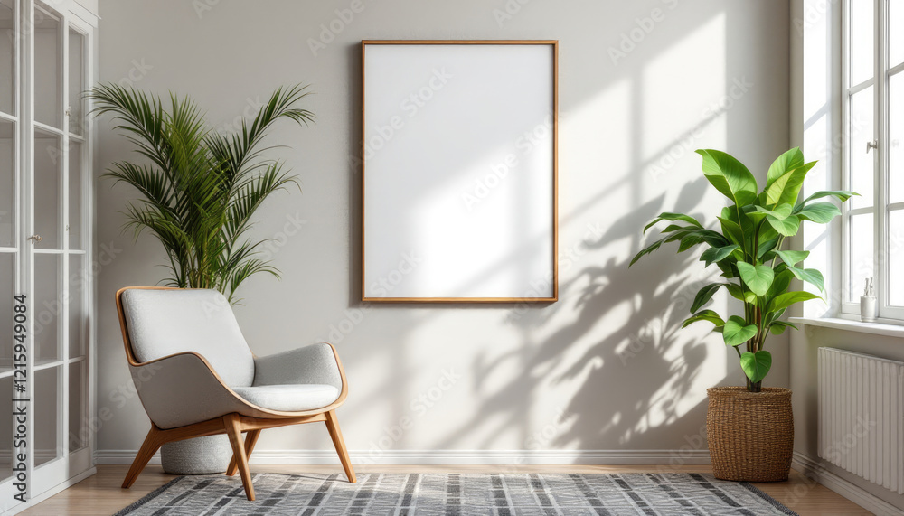 a gray armchair, a large potted plant, and a blank picture frame on the wall. Cozy modern living room with photo frame design a gray armchair, a large potted plant, and a blank picture frame on the wall. Cozy modern living room with photo frame design