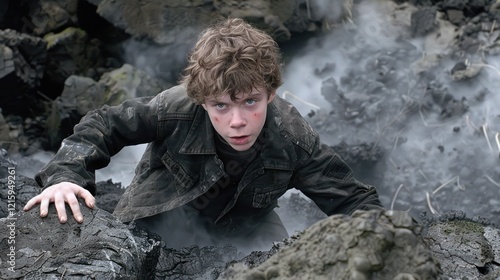 Boy in Volcanic Landscape: A Gripping Scene