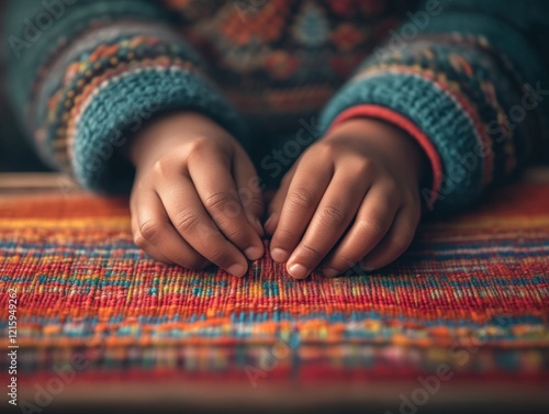 Child's hands weaving colorful textile cozy workshop craftsmanship indoor setting close-up view art and tradition