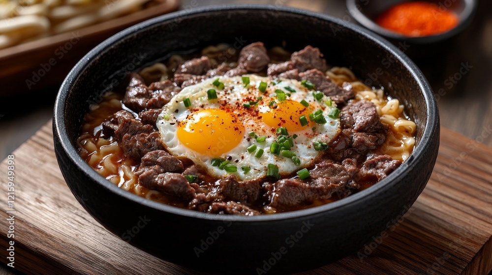 Ramen with eggs and meat in a bowl on a wooden table. Delicious ramen bowl with chicken, eggs, beef and vegetables. Soup ramen. Ramen noodle. Korean or Japanese food concept. Copy space. Close-up view Ramen with eggs and meat in a bowl on a wooden table. Delicious ramen bowl with chicken, eggs, beef and vegetables. Soup ramen. Ramen noodle. Korean or Japanese food concept. Copy space. Close-up view