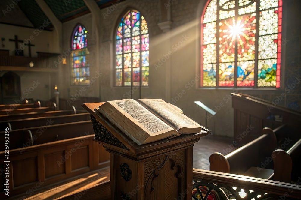 Naklejka premium Open Bible on church pulpit with light. Religion and spirituality