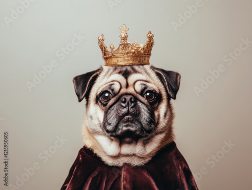 Regal pug wearing crown home setting pet photography indoor environment close-up shot pet royalty concept photo