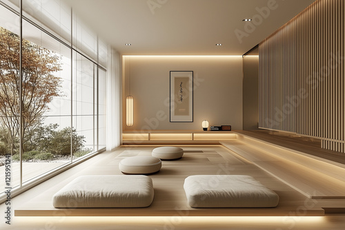 Zen-Inspired Living Room with Clean Storage Units and Minimalist Design photo