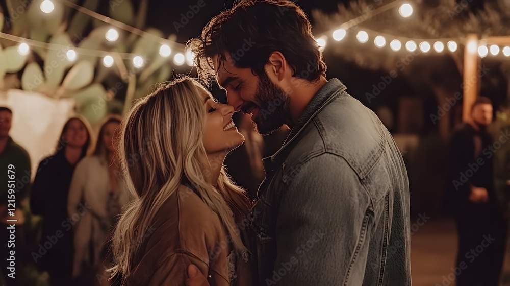 A romantic couple share an intimate moment under a string of fairy lights at an outdoor evening event. Soft lighting and blurred background enhance the tender scene. A romantic couple share an intimate moment under a string of fairy lights at an outdoor evening event. Soft lighting and blurred background enhance the tender scene.
