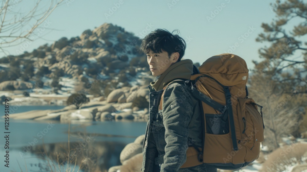 Fototapeta premium Solitude and Adventure: A Backpacker's Winter Journey