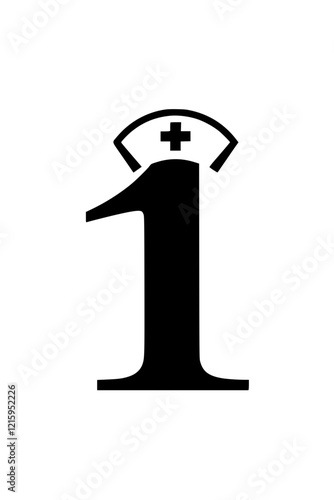 Number 1 with nurse hat illustration, Creative design of the number 1 featuring a nurse hat with a medical cross, symbolizing healthcare, nursing, and medical assistance.  
  
