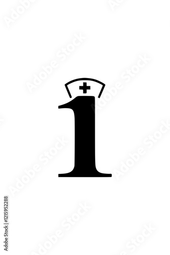 Number 1 with nurse hat illustration, Creative design of the number 1 featuring a nurse hat with a medical cross, symbolizing healthcare, nursing, and medical assistance.  
  
