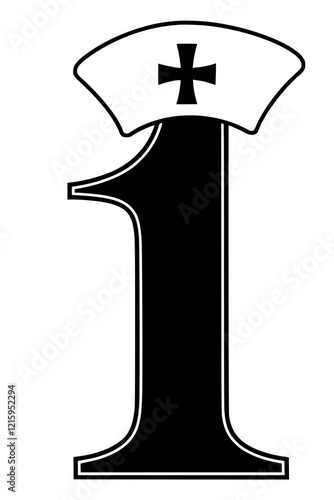 Number 1 with nurse hat illustration, Creative design of the number 1 featuring a nurse hat with a medical cross, symbolizing healthcare, nursing, and medical assistance.  
  
