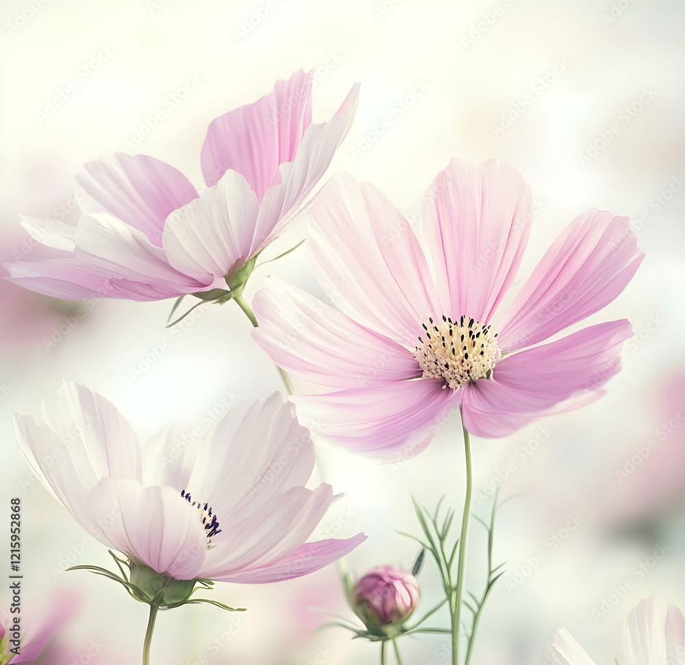 A photograph of pink and white cosmos flowers with a blurred background, A photograph of pink and white cosmos flowers with a blurred background,
