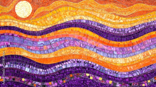 Abstract Mosaic Artwork Sunset Waves in Purple and Orange Hues