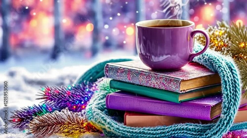 Wallpaper Mural Cozy winter solstice scene with hot beverage and colorful books in snowy setting Torontodigital.ca