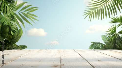 Bright Sunlit Garden Table Under Blue Sky with Lush Greenery Surrounding