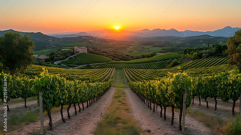 Fototapeta premium Vineyard sunset landscape, Tuscany, Italy, rows, hills