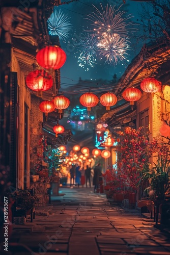 Wallpaper Mural Vibrant lantern-lit alleyway during festive fireworks celebration Torontodigital.ca