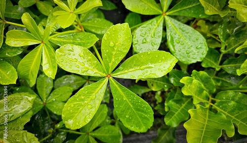 Leaf of New Zealand native plant coastal five finger, pseudopanax lessonii, houpara, with wet leaves
 photo