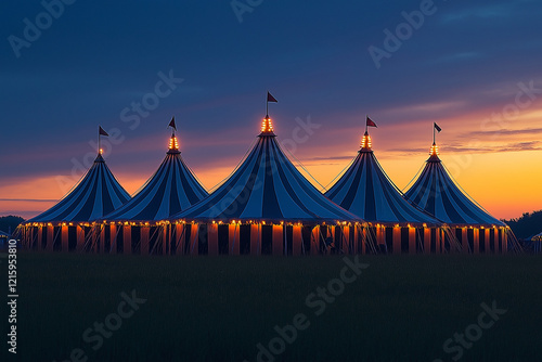 Sleek Black-and-White Striped Tent Warmly Glowing Under the Night Sky photo