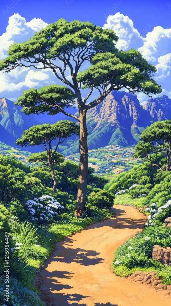 Fototapeta premium Majestic Lone Tree on Mountain Path, Vibrant Landscape