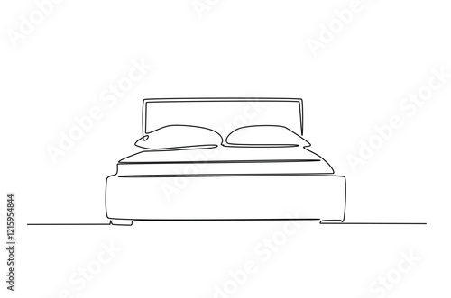 Double bed with the pillows in continuous one line drawing design. Minimalist single line draw of bedroom furniture.