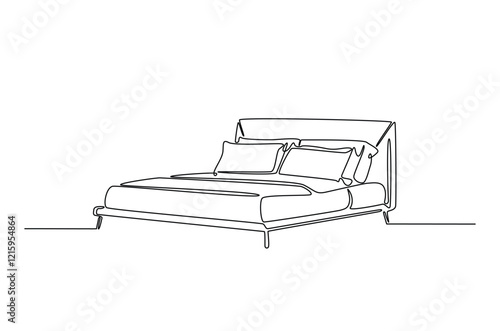 Double bed with the pillows in continuous one line drawing design. Minimalist single line draw of bedroom furniture.