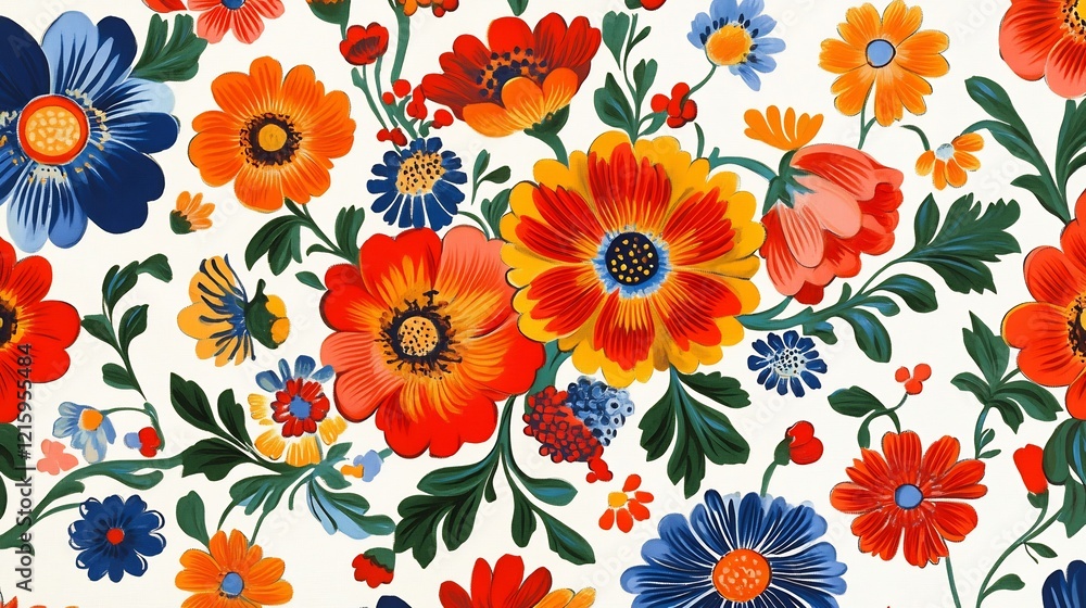 Vibrant floral pattern bursts with bold red orange blue flowers on white background. AI Generated Vibrant floral pattern bursts with bold red orange blue flowers on white background. AI Generated