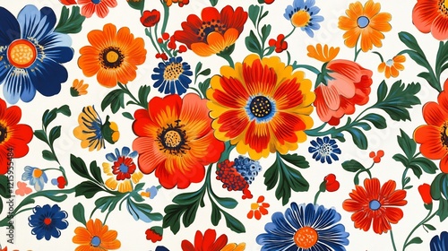 Wallpaper Mural Vibrant floral pattern bursts with bold red orange blue flowers on white background. AI Generated Torontodigital.ca