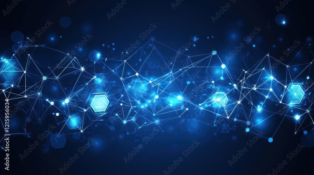 Obraz premium Blue Network Connections Abstract Digital Background Glowing Hexagons Lines
