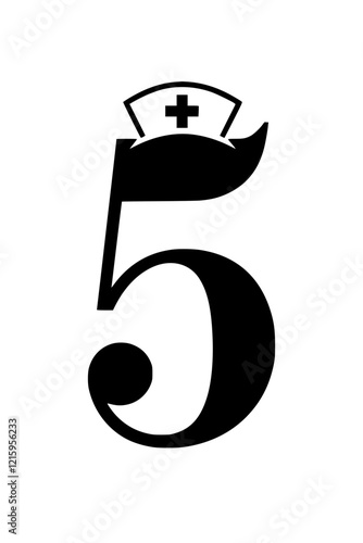 Number 5 with nurse hat illustration, Creative design of the number 5 featuring a nurse hat with a medical cross, symbolizing healthcare, nursing, and medical assistance.  
  
