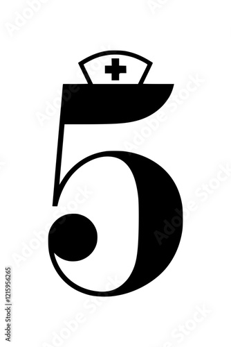 Number 5 with nurse hat illustration, Creative design of the number 5 featuring a nurse hat with a medical cross, symbolizing healthcare, nursing, and medical assistance.  
  
