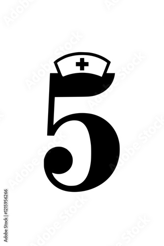 Number 5 with nurse hat illustration, Creative design of the number 5 featuring a nurse hat with a medical cross, symbolizing healthcare, nursing, and medical assistance.  
  
