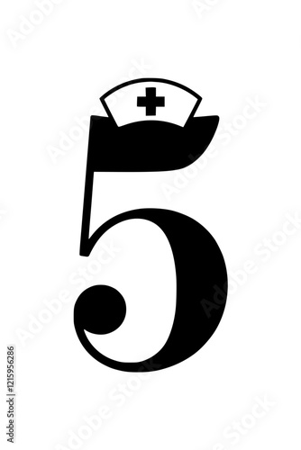 Number 5 with nurse hat illustration, Creative design of the number 5 featuring a nurse hat with a medical cross, symbolizing healthcare, nursing, and medical assistance.  
  
