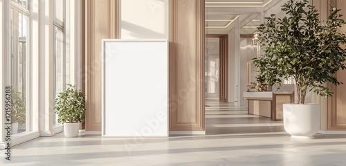 Luxurious store entrance with a white frame mockup and wooden panels.