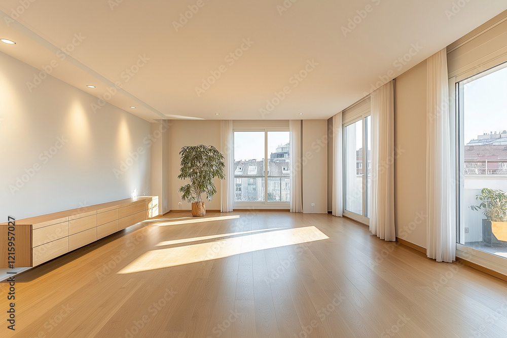 Fototapeta premium Bright Living Room with a Wooden Storage Unit and Modern Furnishings