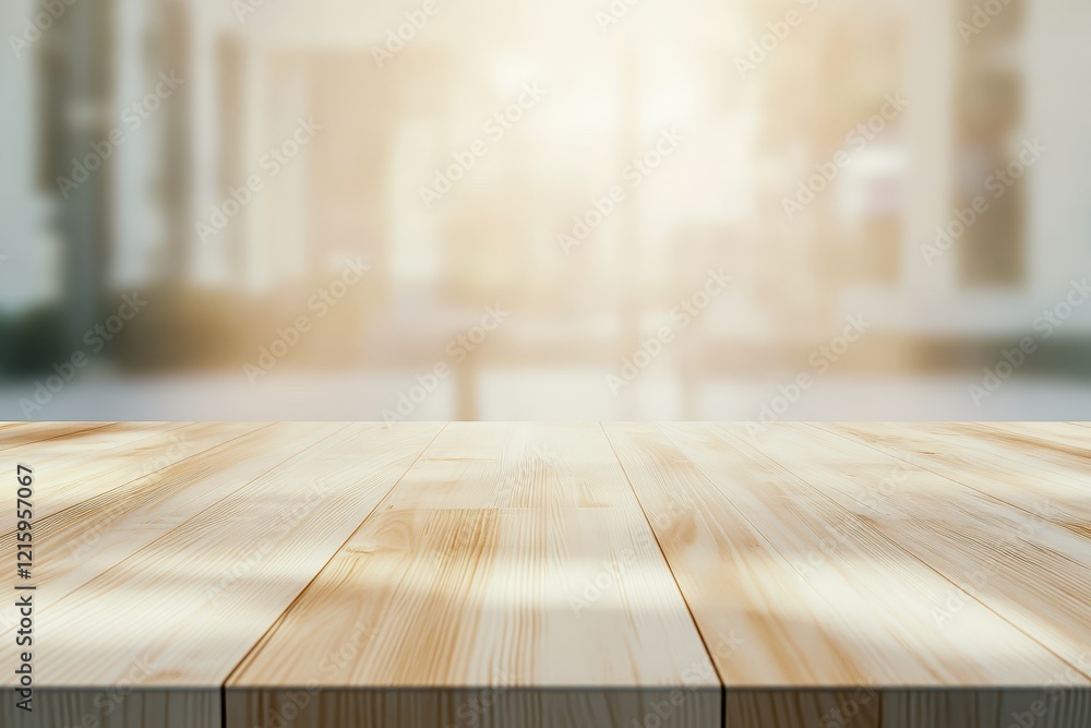Light wood table, sunlit office background, product display Light wood table, sunlit office background, product display